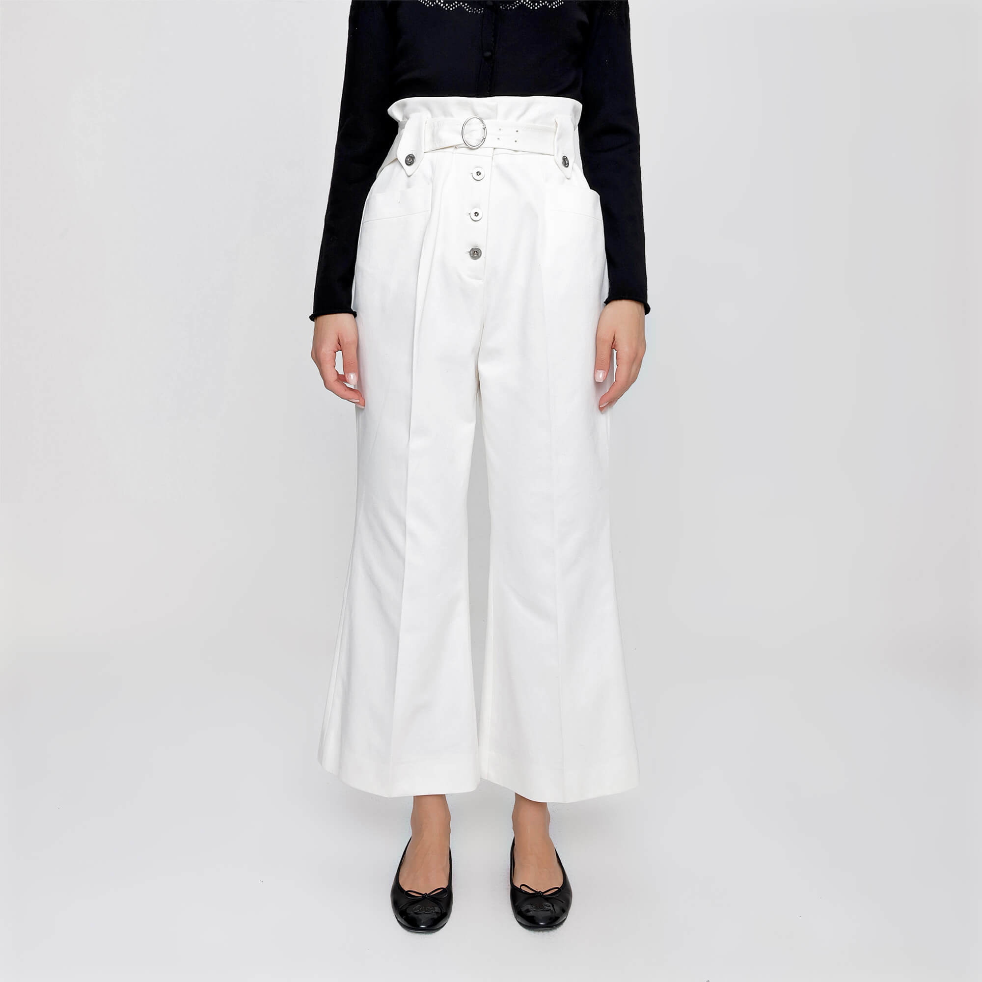 Miu Miu - White Cotton Button Fastening Flared Pants With Adjustable Belt